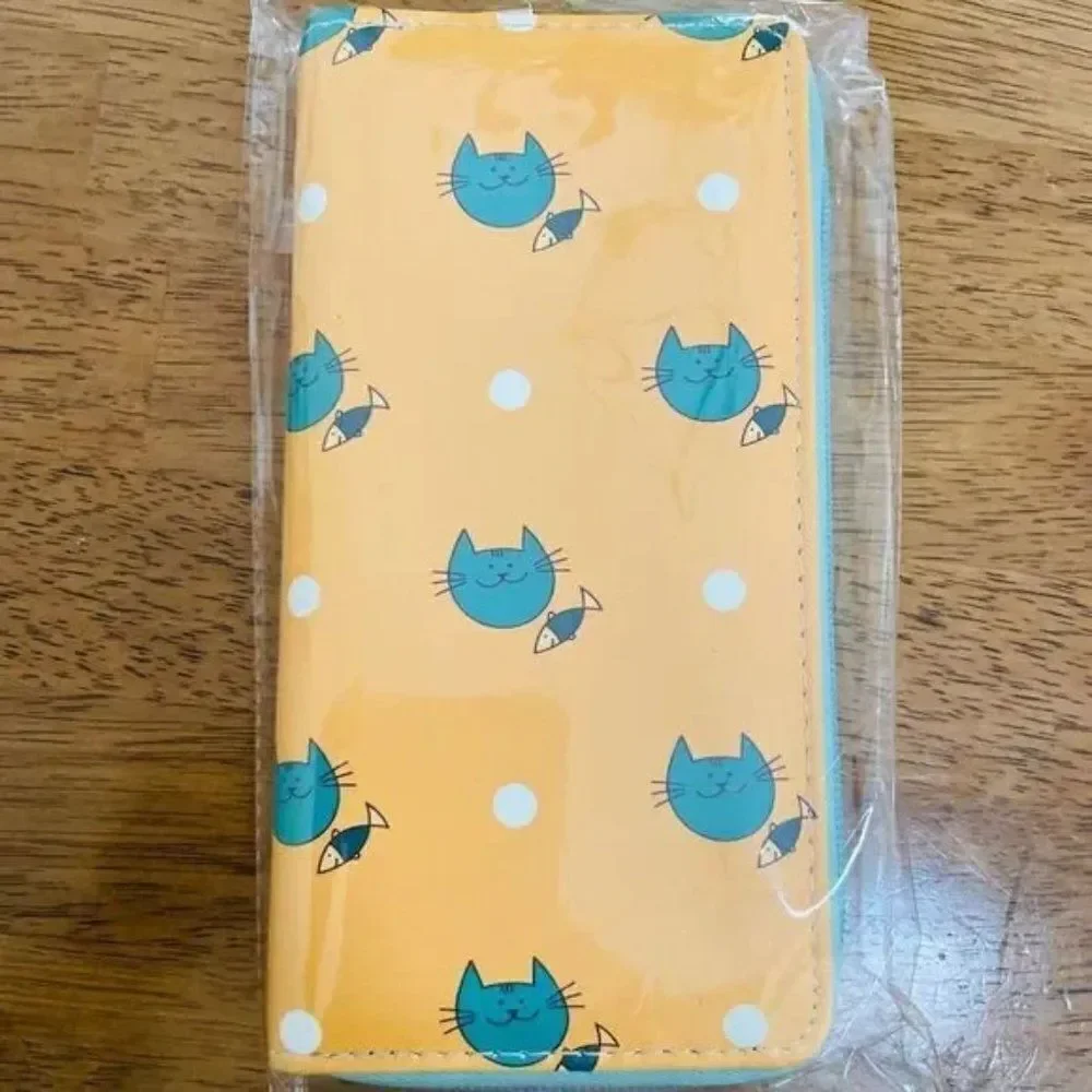 Kawaii Cat & Fish Polka Dot Zip Around Wallet Organizer Yellow Teal NWT